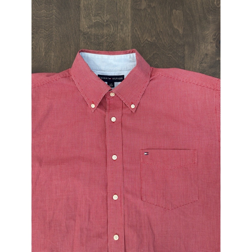 Tommy Hilfiger Mens Red Check Button Down Short Sleeve Pocket Flag Logo Size L